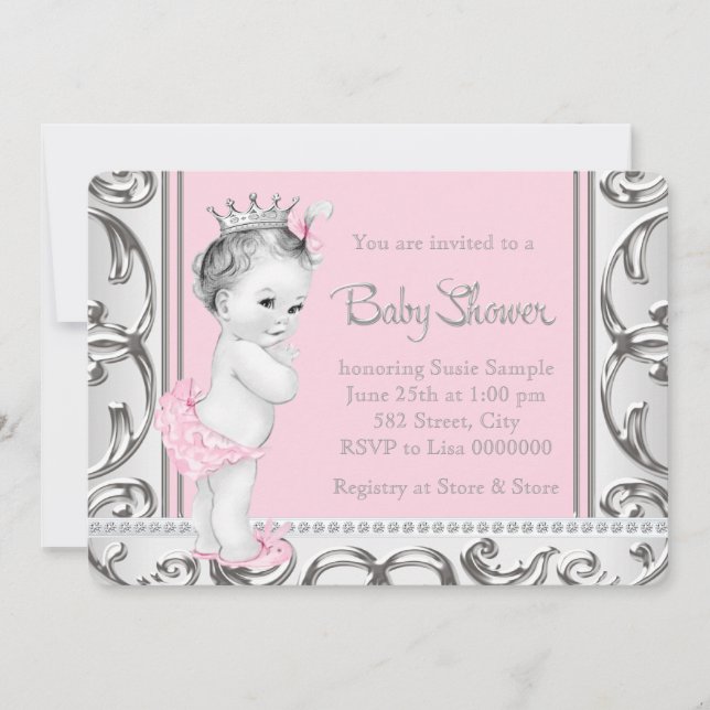 Invitation Baby Shower Élégant Rose et Argent (Devant)