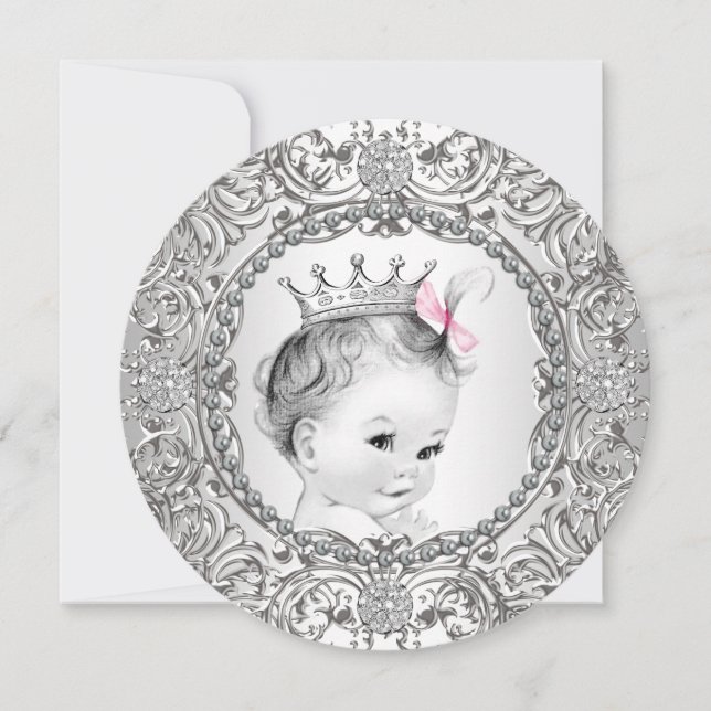 Invitation Baby Shower Élégant Rose et Argent pour Bébé Fille (Devant)