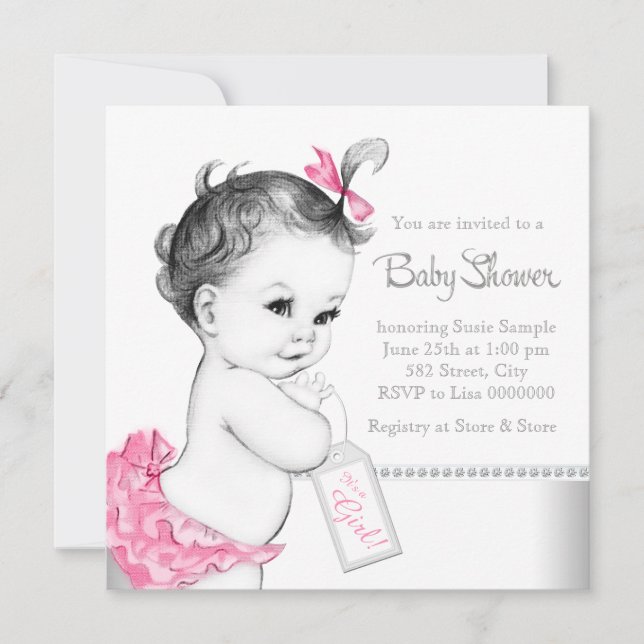Invitation Baby-Shower élégant rose et gris (Devant)
