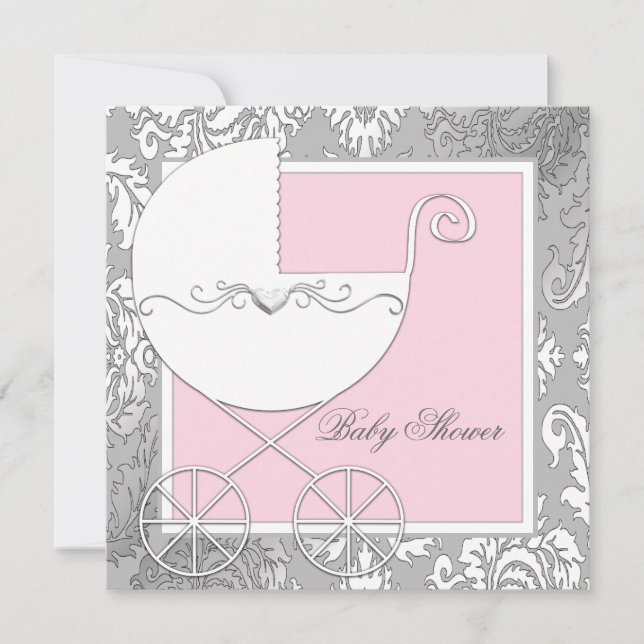 Invitation Baby-Shower élégant rose et gris (Devant)