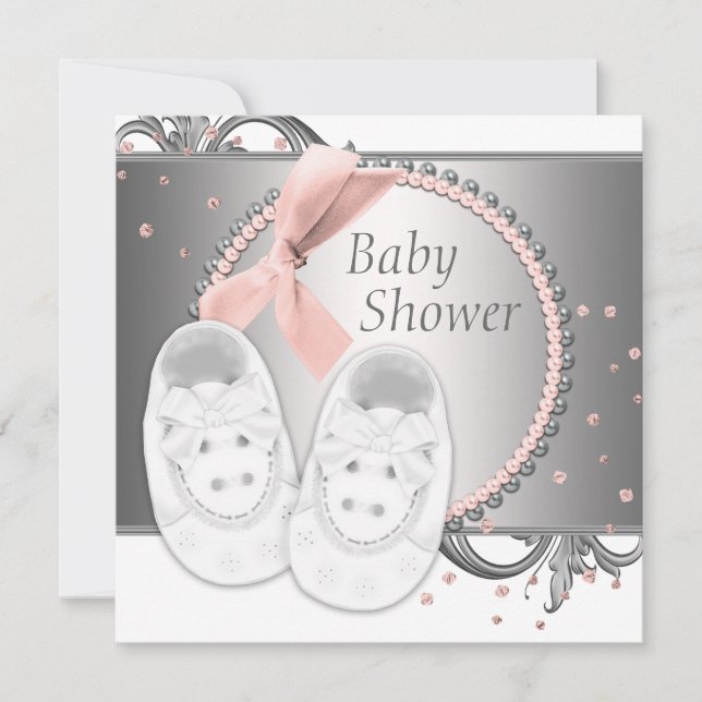 Invitation Baby-Shower élégant rose et gris (Devant)