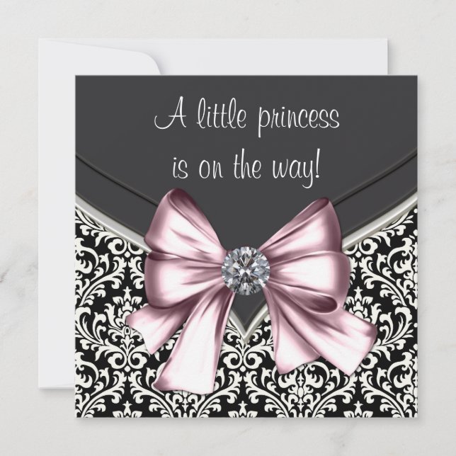 Invitation Baby Shower Élégant Rose et Noir Damassé (Devant)