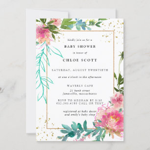 Invitation Baby shower élégant rose floral et or