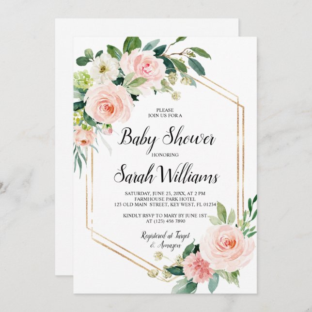 Invitation Baby shower élégant rose rose pâle (Devant / Derrière)