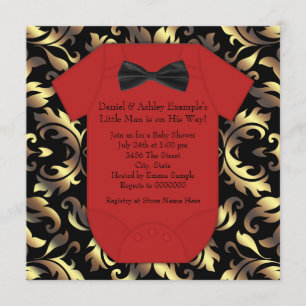 Invitation Baby Shower élégant rouge, noir et or pour garçon