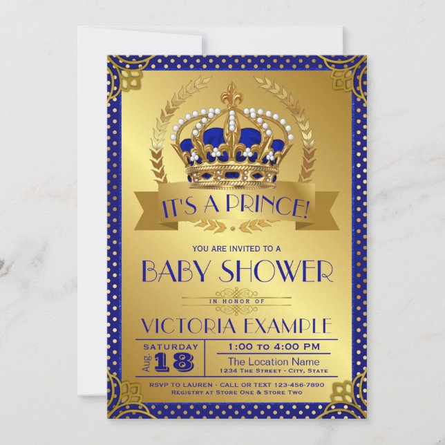 Invitation Baby Shower Élégant Royal Bleu et Or Prince (Devant)