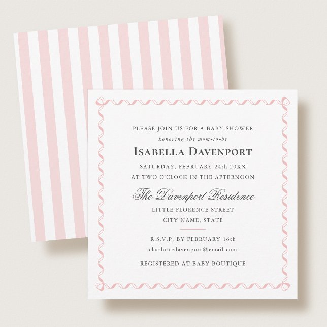 Invitation Baby shower élégant ruban écriture rayures rose (Créateur téléchargé)