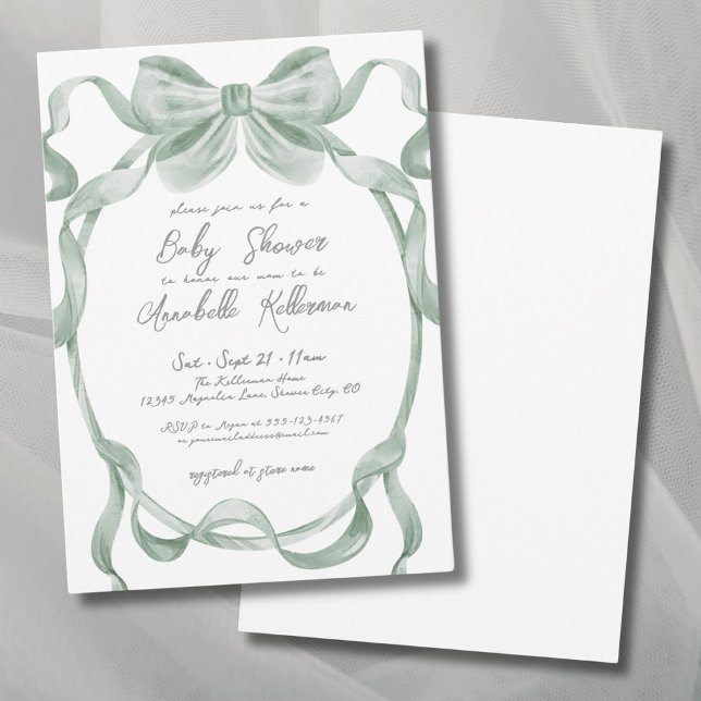 Invitation Baby shower élégant Sage Green Bow (Elegant Sage Green Bow Baby Shower Invitation)