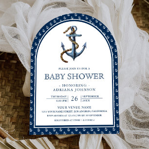 Invitation Baby Shower élégant sur le thème marin avec ancre 