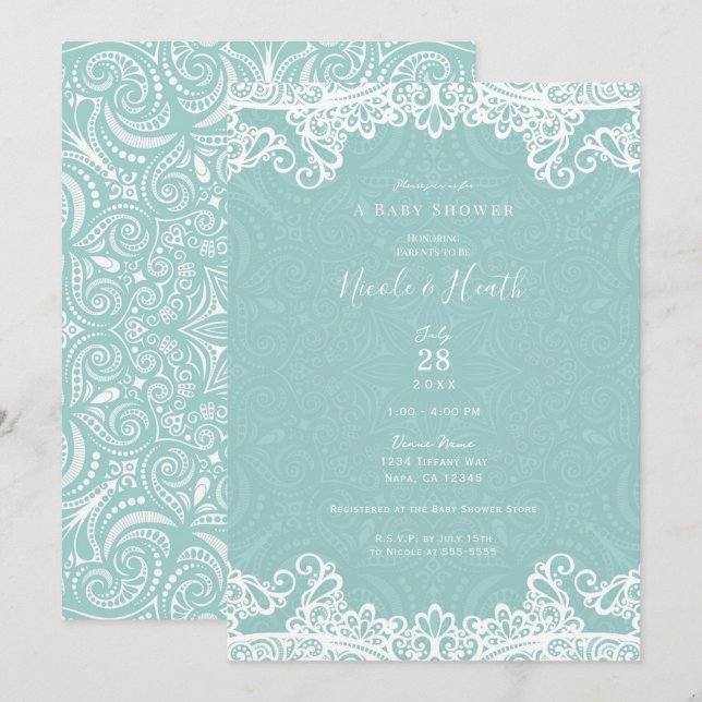 Invitation Baby Shower Élégant Turquoise et Blanc en Dentelle (Devant / Derrière)
