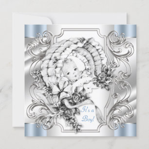 Invitation Baby Shower Élégant Vintage Argent et Bleu pour Ga