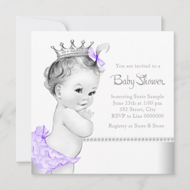 Invitation Baby Shower Élégant Violet et Argent (Devant)