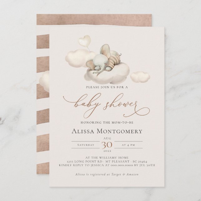 Invitation Baby shower éléphant (Devant / Derrière)