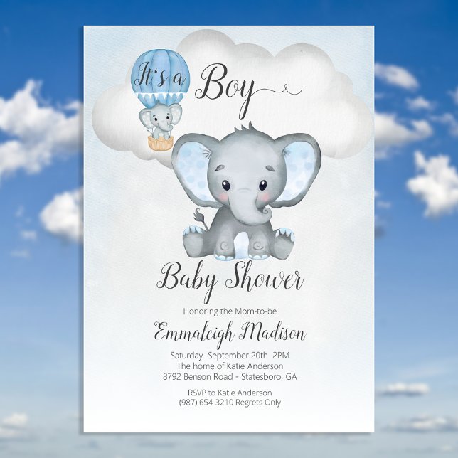 Invitation Baby shower éléphant à air chaud ballon garçon | B (Créateur téléchargé)