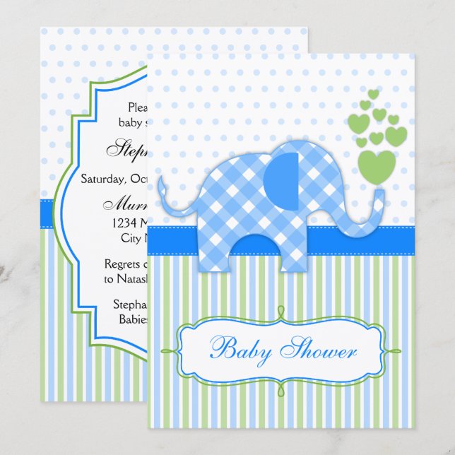 Invitation Baby Shower éléphant à carreaux bleus (Devant / Derrière)