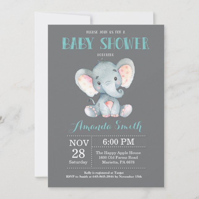 Invitation Baby shower éléphant Aqua et Grey (Devant)