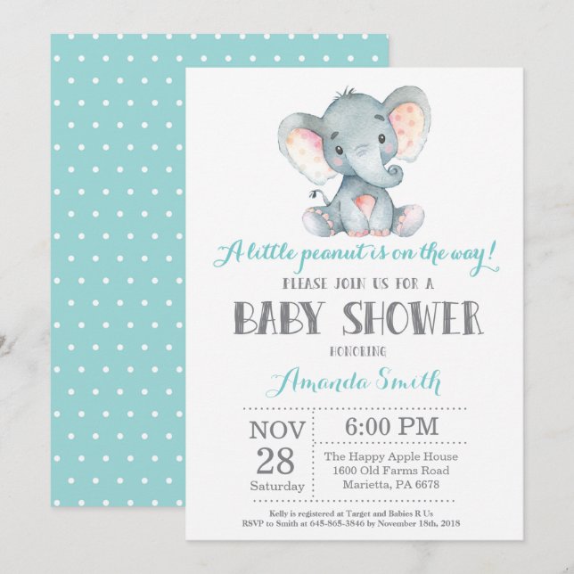 Invitation Baby shower éléphant Aqua et Grey (Devant / Derrière)