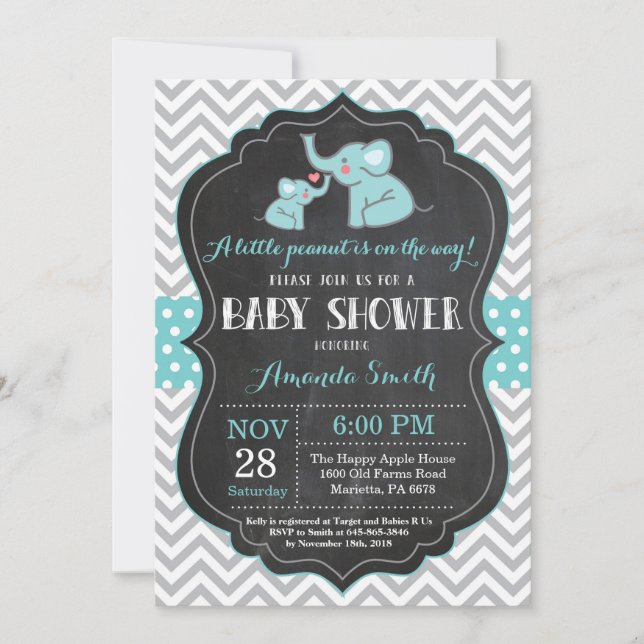 Invitation Baby shower éléphant Aqua et Grey (Devant)