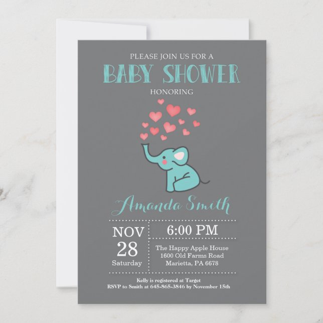 Invitation Baby shower éléphant Aqua et Grey Boy (Devant)