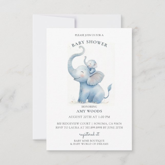 Invitation Baby shower Eléphant Aquarelle Cute (Devant)