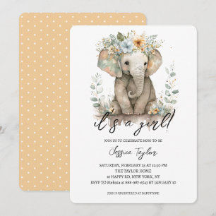 Invitation Baby shower éléphant aquarelle fille florale pêche