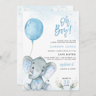 Invitation Baby shower éléphant avec Ballons Bleu