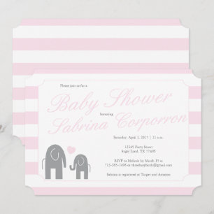 Invitation Baby shower éléphant avec bandes - rose clair