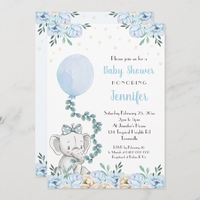 Invitation Baby shower éléphant Ballons Bébé bleu (Devant / Derrière)