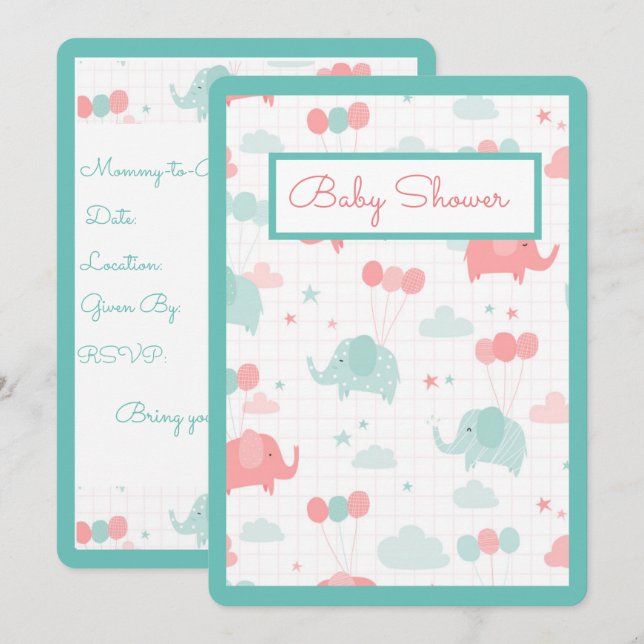 Invitation Baby shower éléphant bébé (Devant / Derrière)