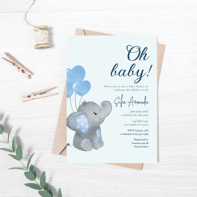 Invitation Baby shower Eléphant Bébé bleu mou (Créateur téléchargé)
