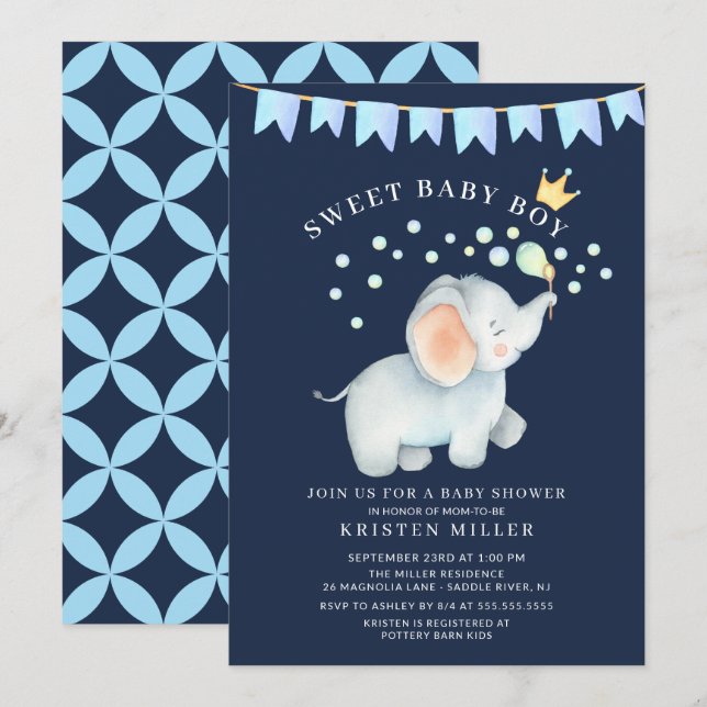 Invitation Baby shower éléphant bébé doux (Devant / Derrière)
