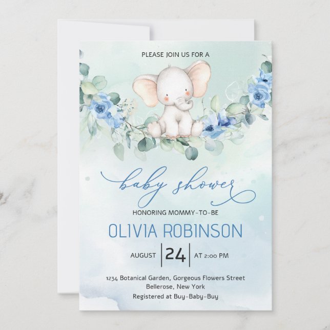 Invitation Baby shower Eléphant Bébé mignon (Devant)