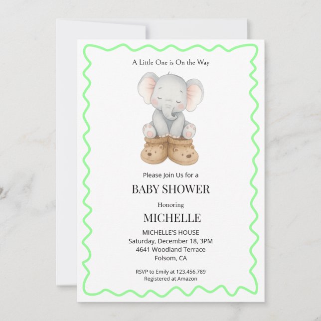 Invitation Baby-Shower Éléphant Bébé Mixte (Devant)