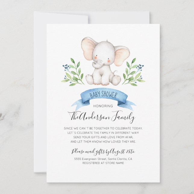Invitation Baby Shower éléphant bébé par courrier à longue di (Devant)
