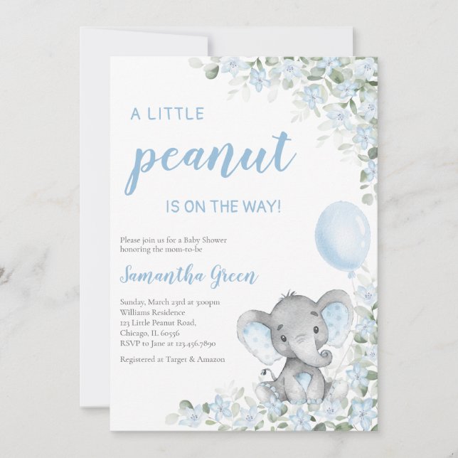 Invitation Baby Shower Eléphant Bleu (Devant)