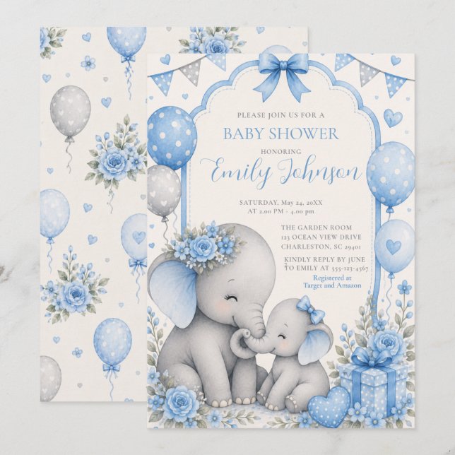 Invitation Baby-Shower Eléphant Bleu (Devant / Derrière)