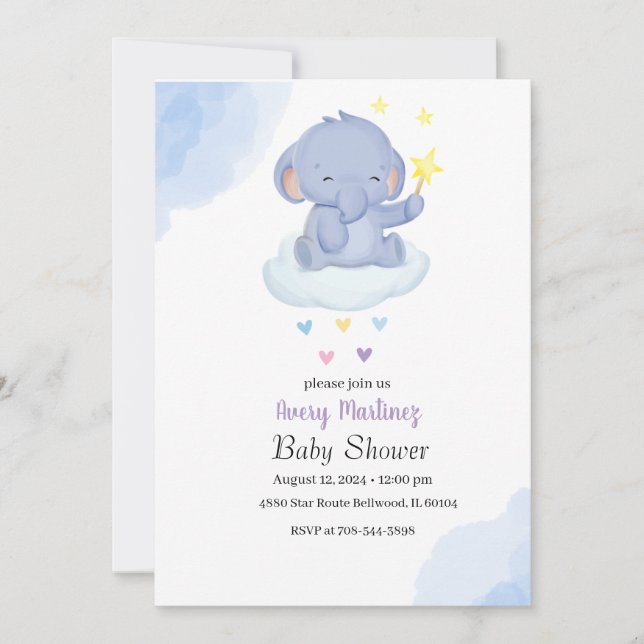 Invitation Baby shower Eléphant Bleu Bleu (Devant)
