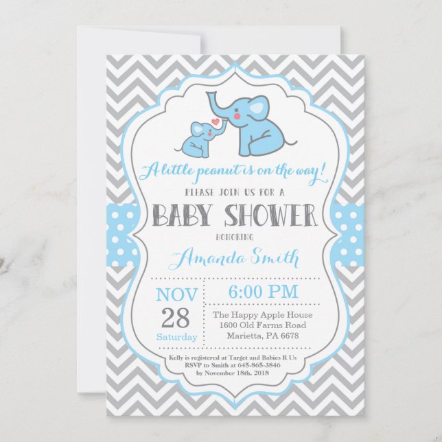 Invitation Baby shower éléphant bleu et gris (Devant)