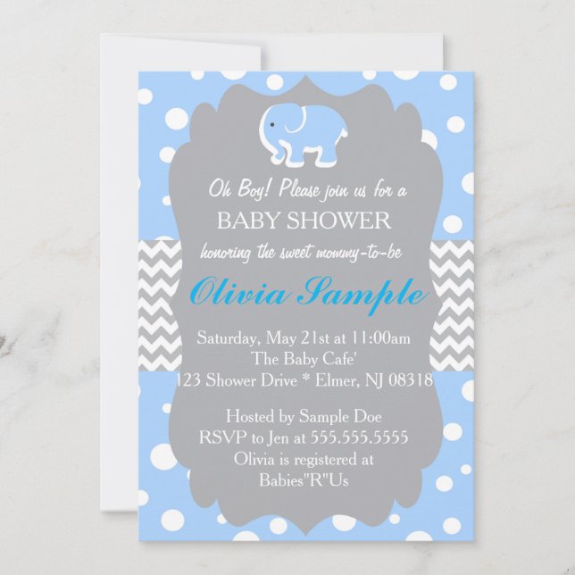 Invitation Baby shower éléphant, bleu et gris (Devant)