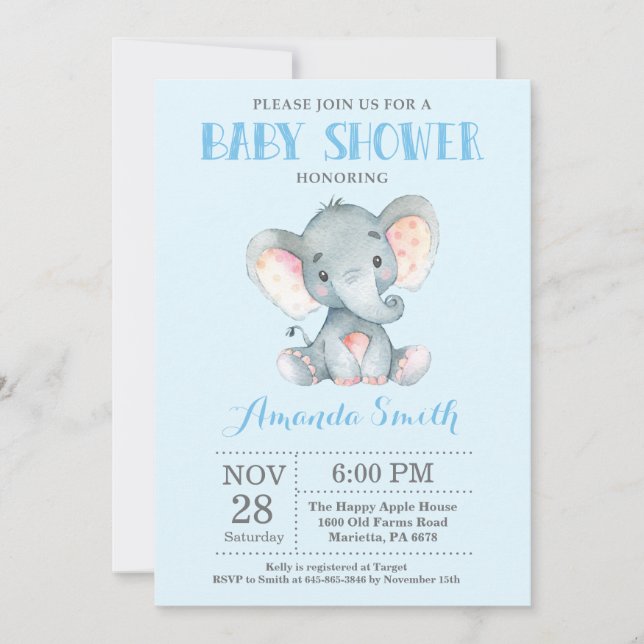 Invitation Baby shower éléphant bleu et gris (Devant)