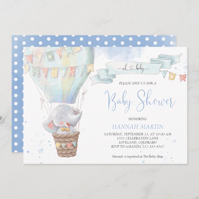 Invitation Baby shower Eléphant Bleu Garçon Cute (Devant / Derrière)