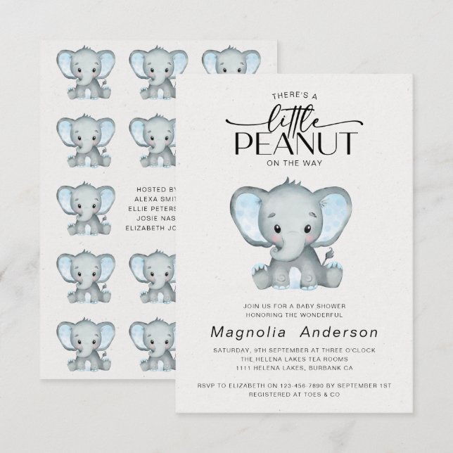 Invitation Baby shower Eléphant bleu petit arachide (Devant / Derrière)