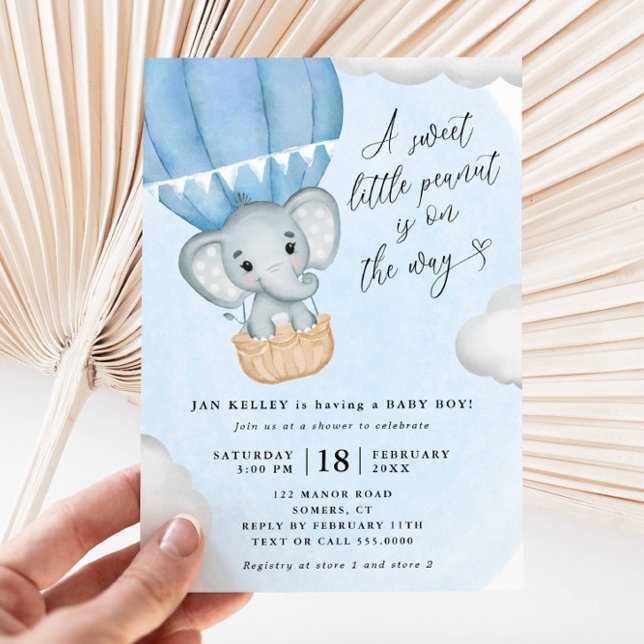 Invitation Baby shower Eléphant bleu petit arachide (Créateur téléchargé)