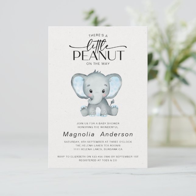Invitation Baby shower Eléphant bleu petit arachide (Debout devant)