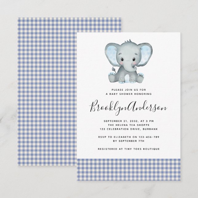 Invitation Baby shower éléphant bleu plaid (Devant / Derrière)