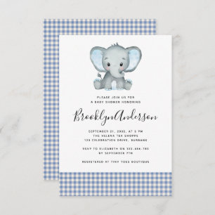 Invitation Baby shower éléphant bleu plaid