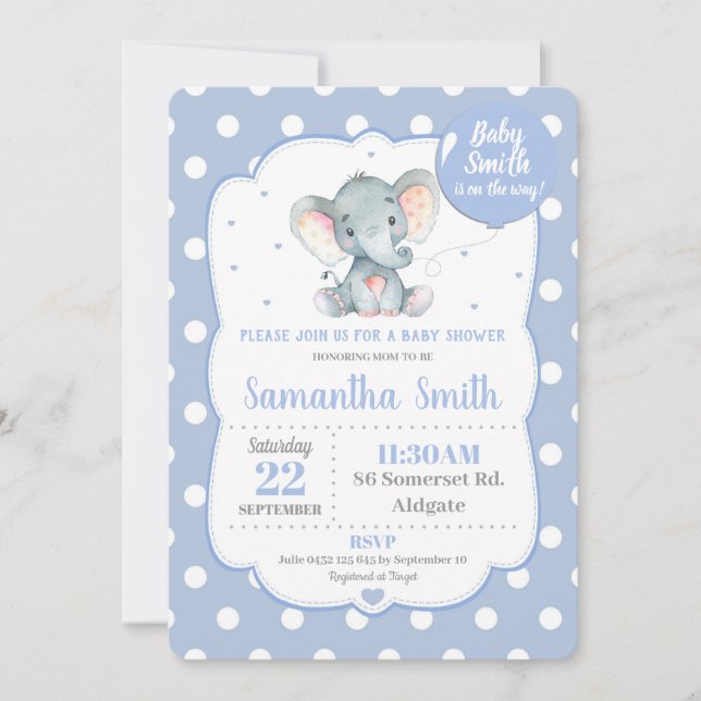 Invitation Baby shower éléphant bleu Polka Dot Boy (Devant)