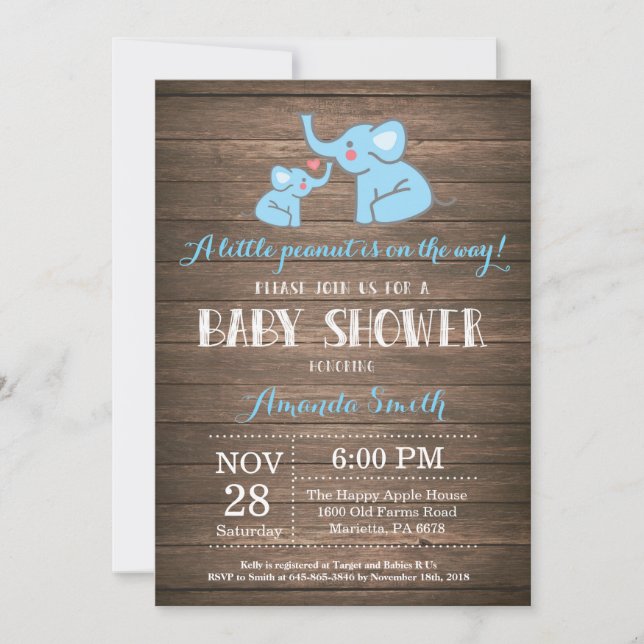 Invitation Baby shower éléphant Bleu Rustique (Devant)