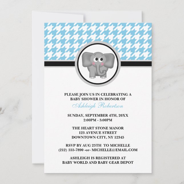 Invitation Baby shower Elephant Blue & White Houndstooth (Devant)