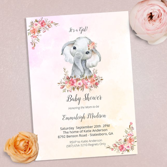 Invitation Baby Shower Eléphant Bohème Chic Corail Aquarelle (Créateur téléchargé)